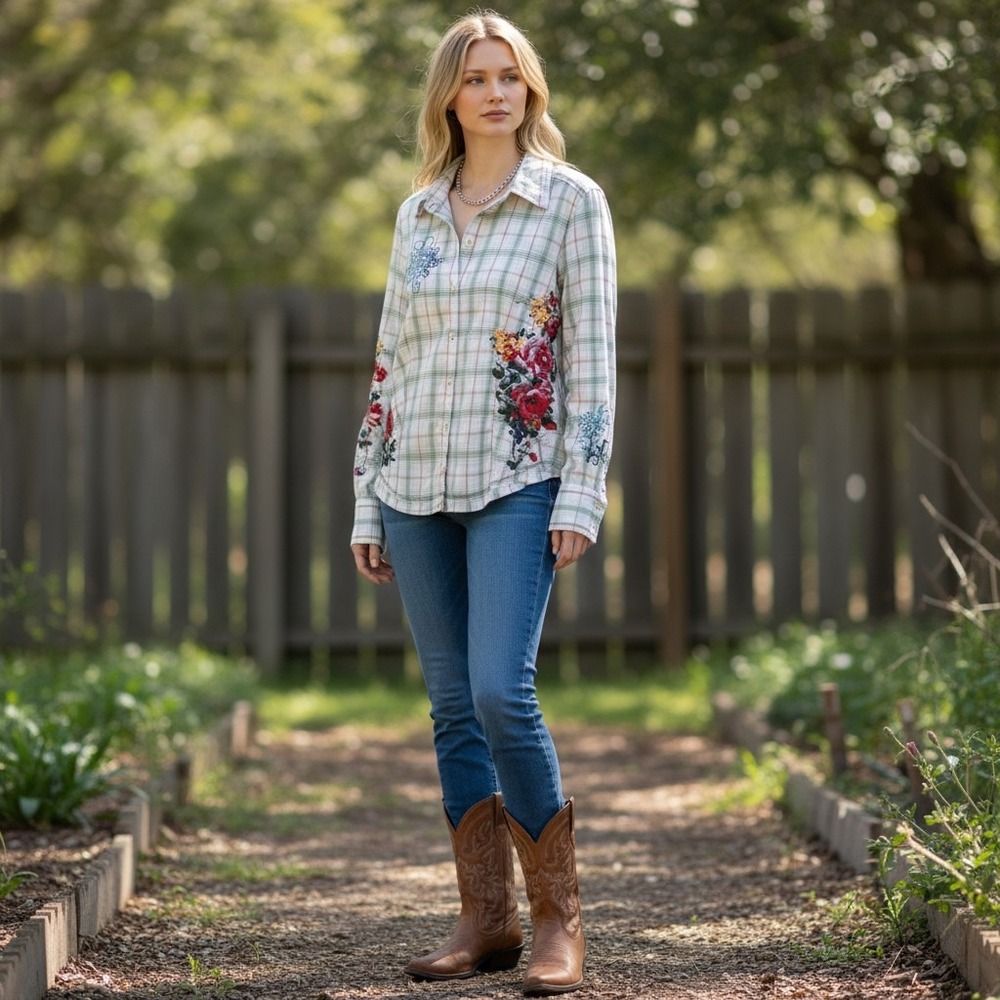 3J Workshop by Johnny Was Plaid Floral Embroidered Western Shirt Fairy Tales  M